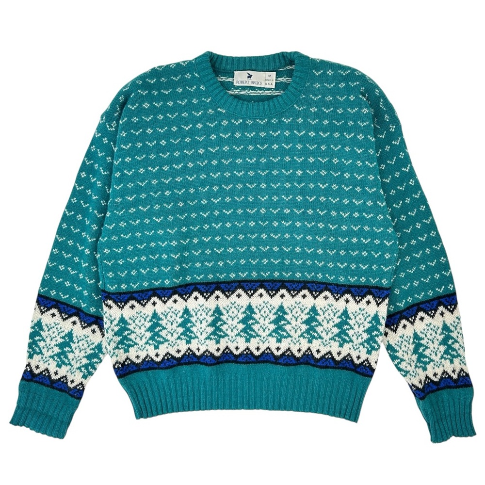 Vintage Made in USA Robert Bruce Teal Green & White Wool Christmas Sweater sz M